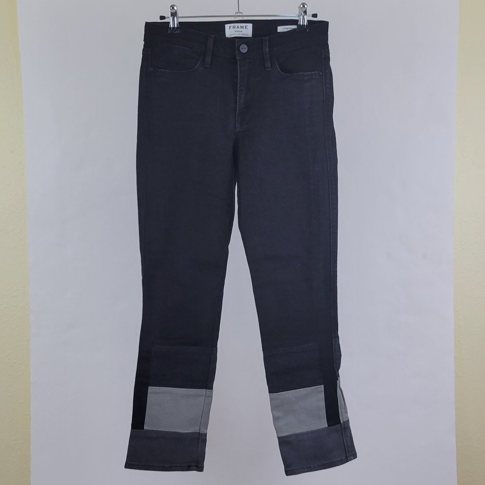 Frame Denim High Rise Straight Ankle Colorblock Contrast Hem in Washed Black